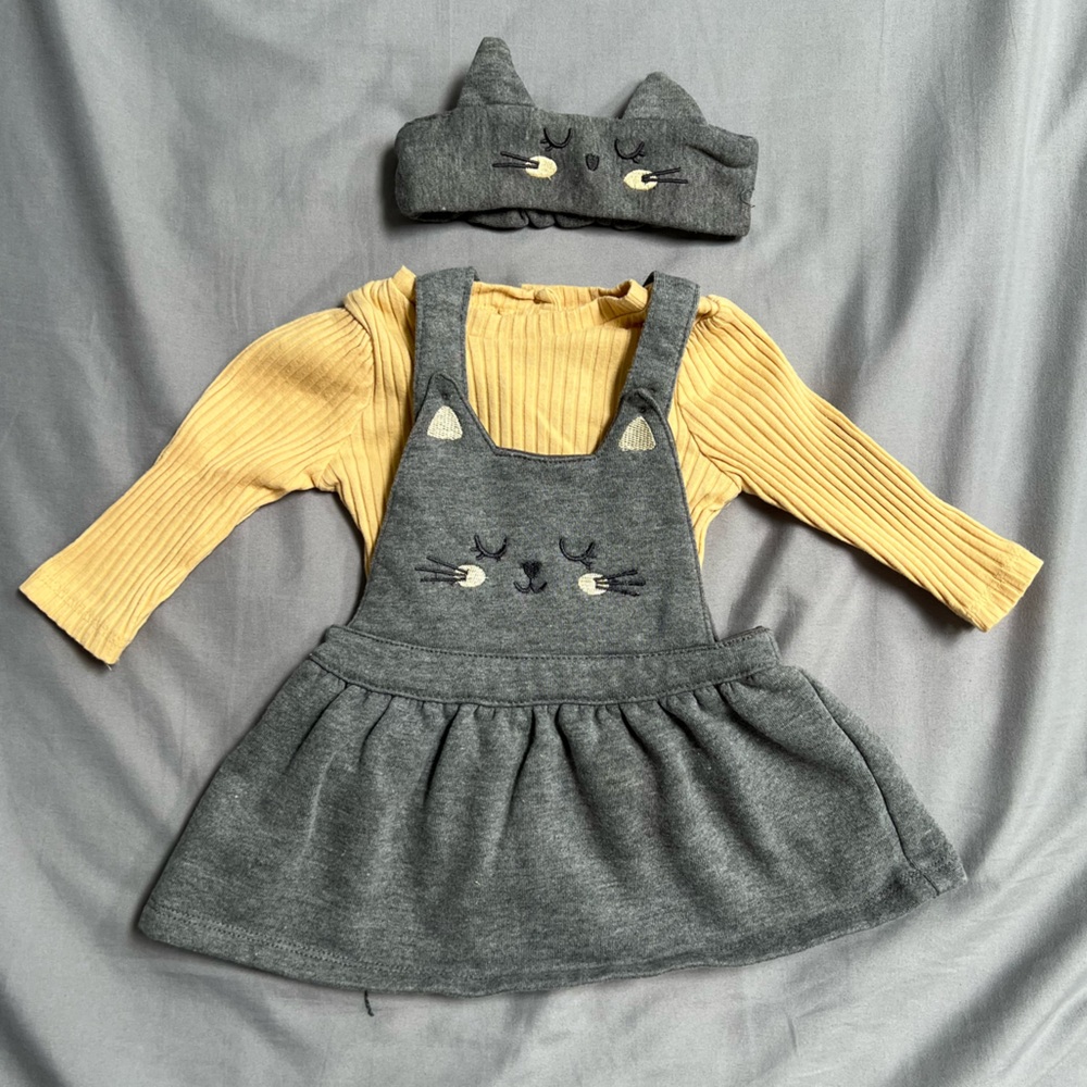 Little Lass Gray and Yellow Cat-Themed Dress Set with Matching Headband